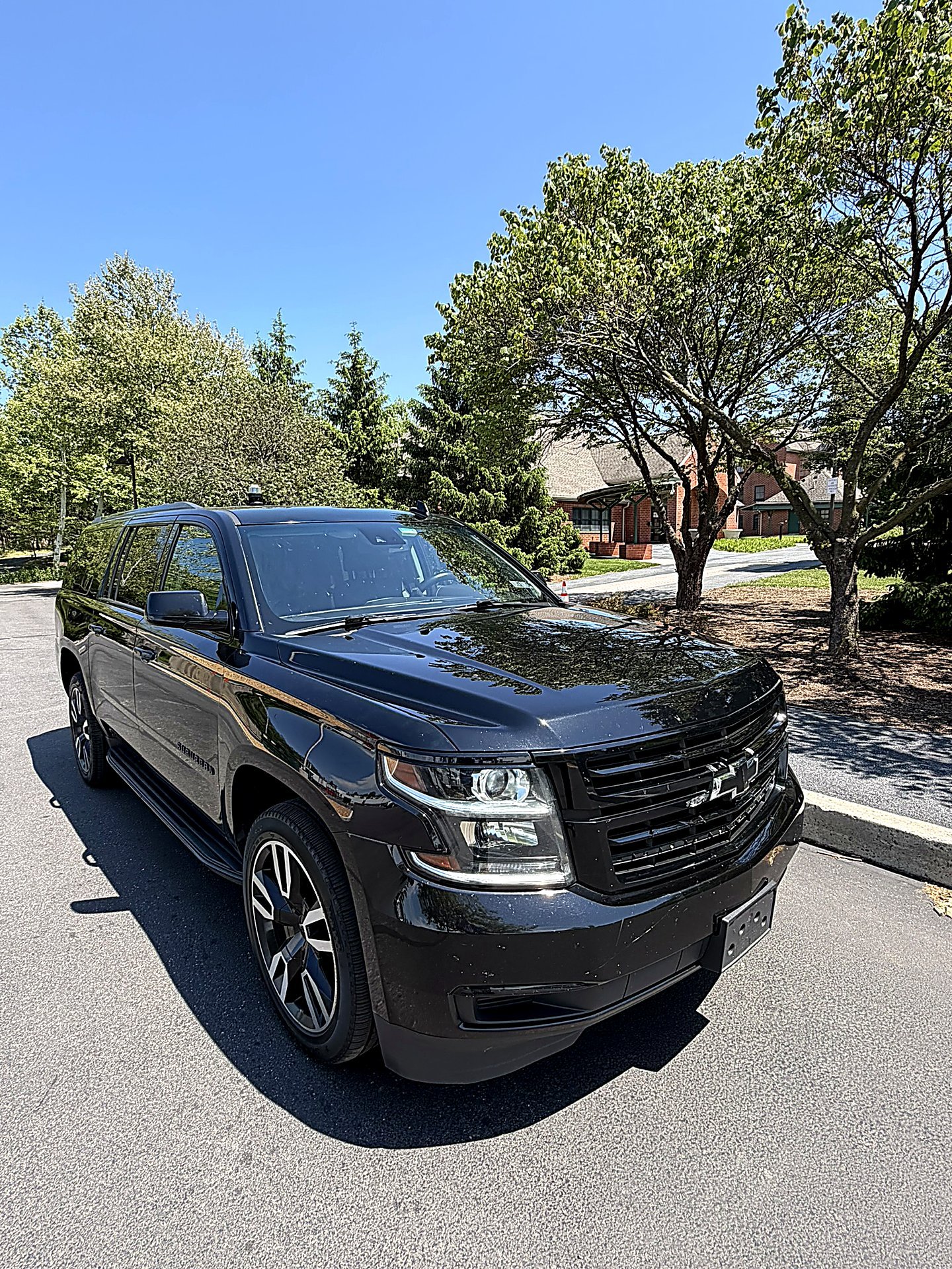 Black SUV parked on a tree-lined residential street
