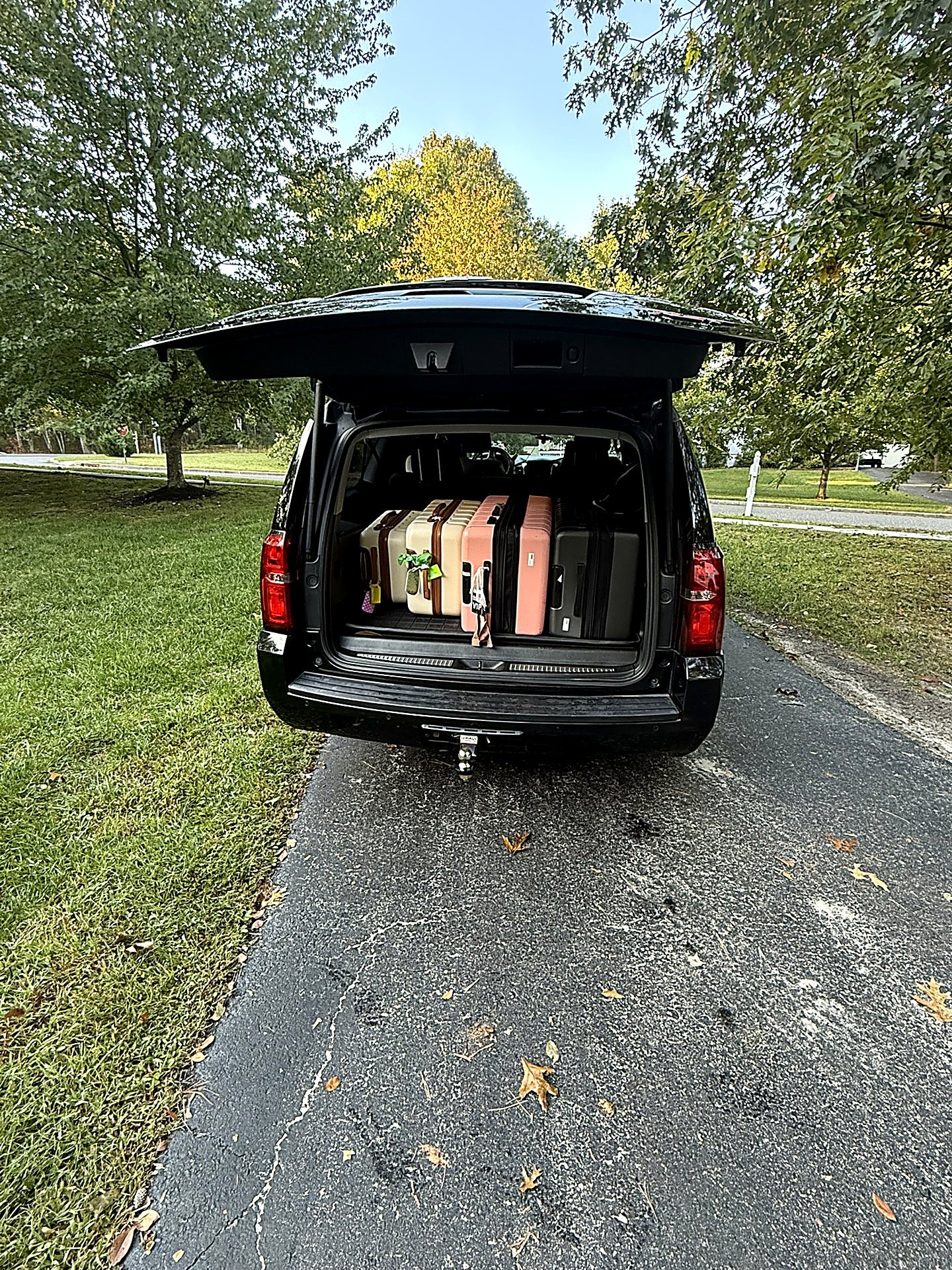 Black SUV trunk packed with suitcases on a suburban driveway