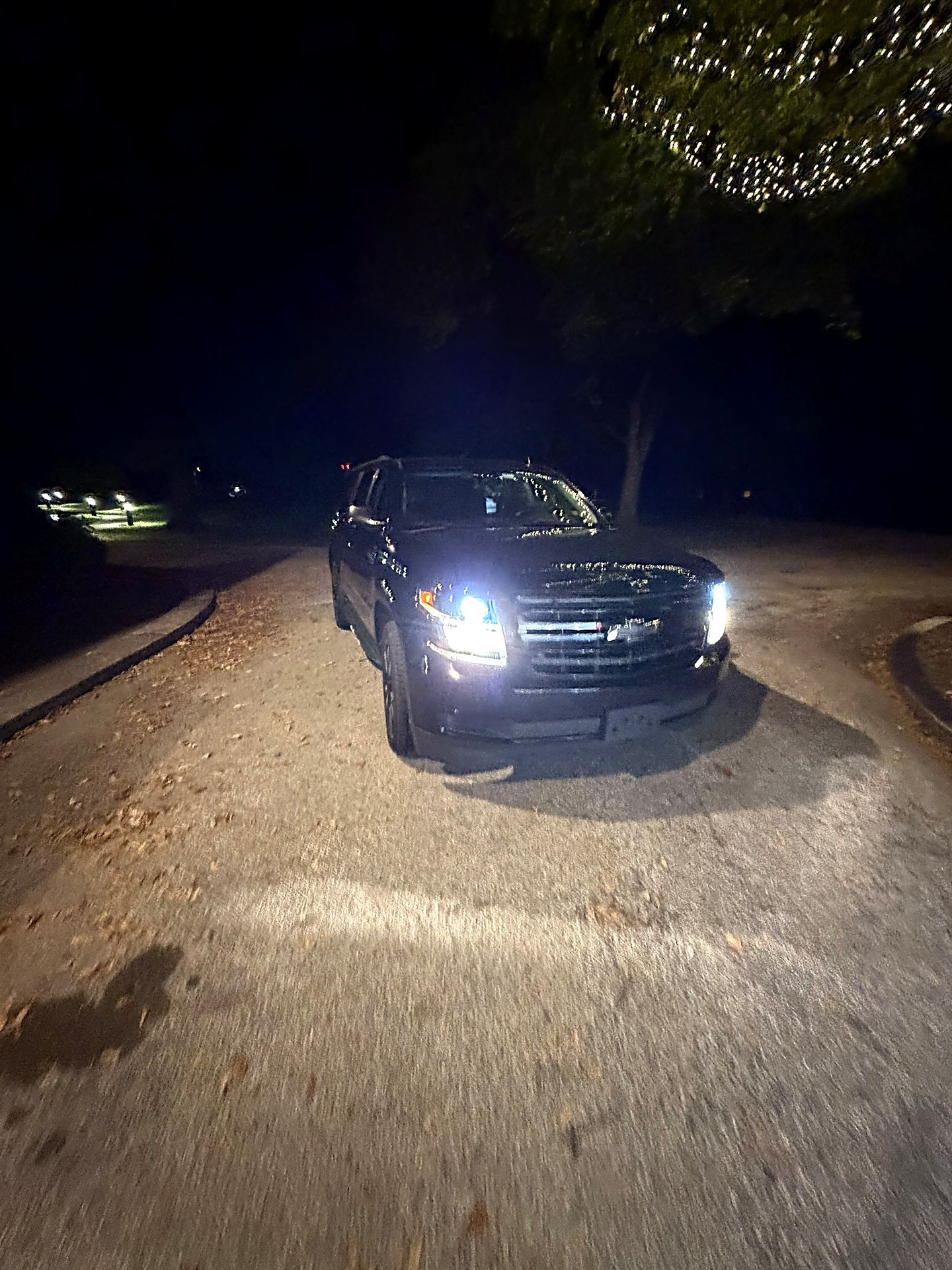 Black SUV with headlights on at night on a tree-lined driveway
