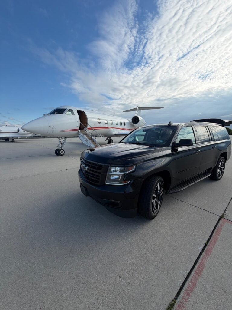 Black Chevrolet Suburban in front of a private jet for luxury airport transportation in Philadelphia.
