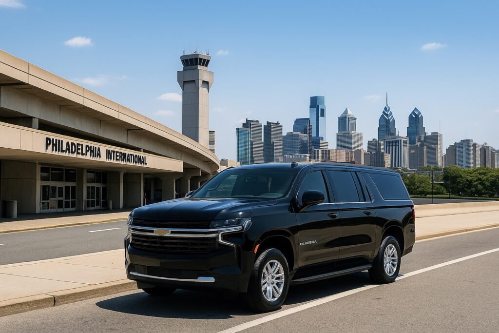 Black Chevrolet Suburban at Philadelphia International Airport for private airport transfers.