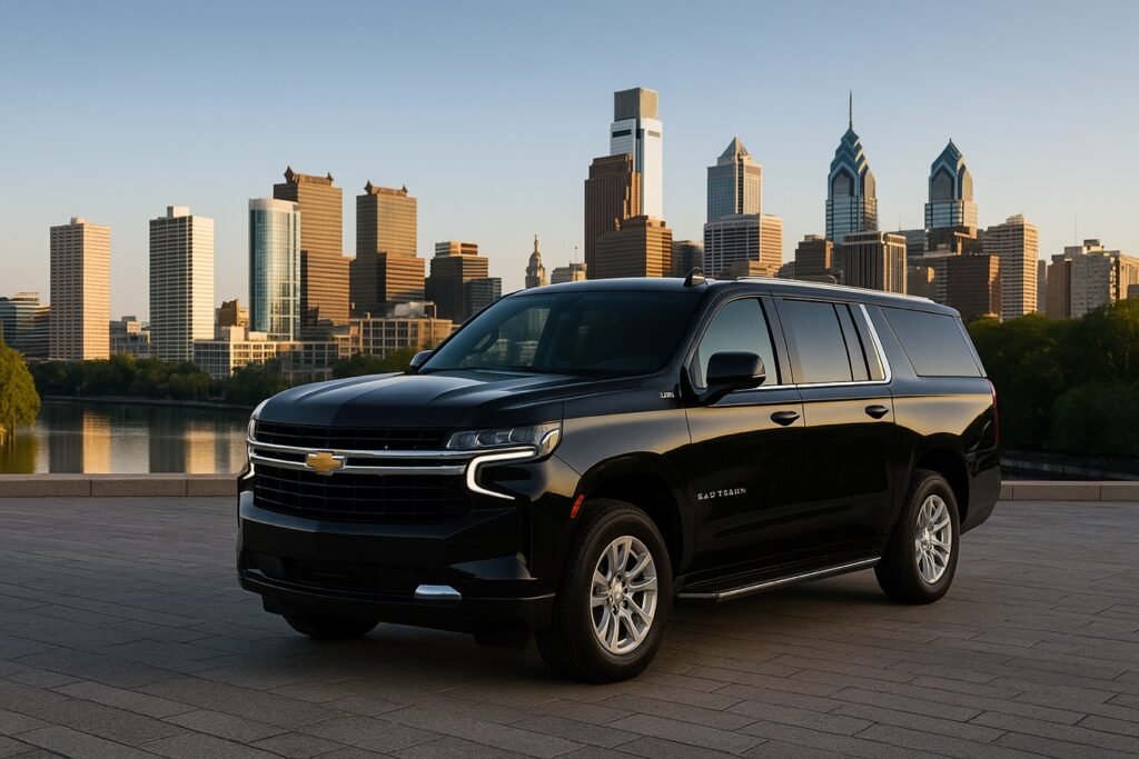 Black Chevrolet Suburban with the Philadelphia skyline at sunset for luxury chauffeur service.